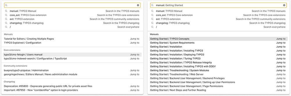 Search dropdown menu in TYPO3 documentation offering options to search within manuals, core extensions, community extensions, and changelogs.