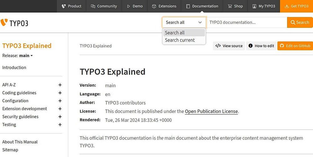 Homepage of TYPO3 Explained documentation with navigation and search options, and document metadata including version and language.
