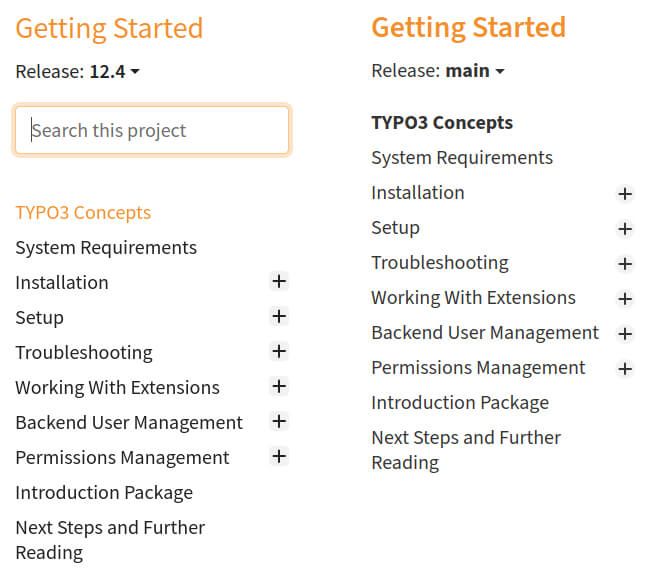 Comparison of TYPO3 documentation navigation menus for two different versions.
