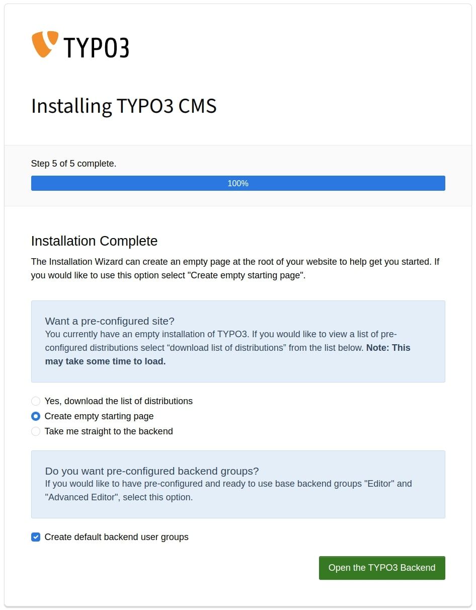 Screenshot of completed TYPO3 CMS installation displaying options for creating an empty starting page, pre-configuring backend user groups, and a button to open the TYPO3 backend